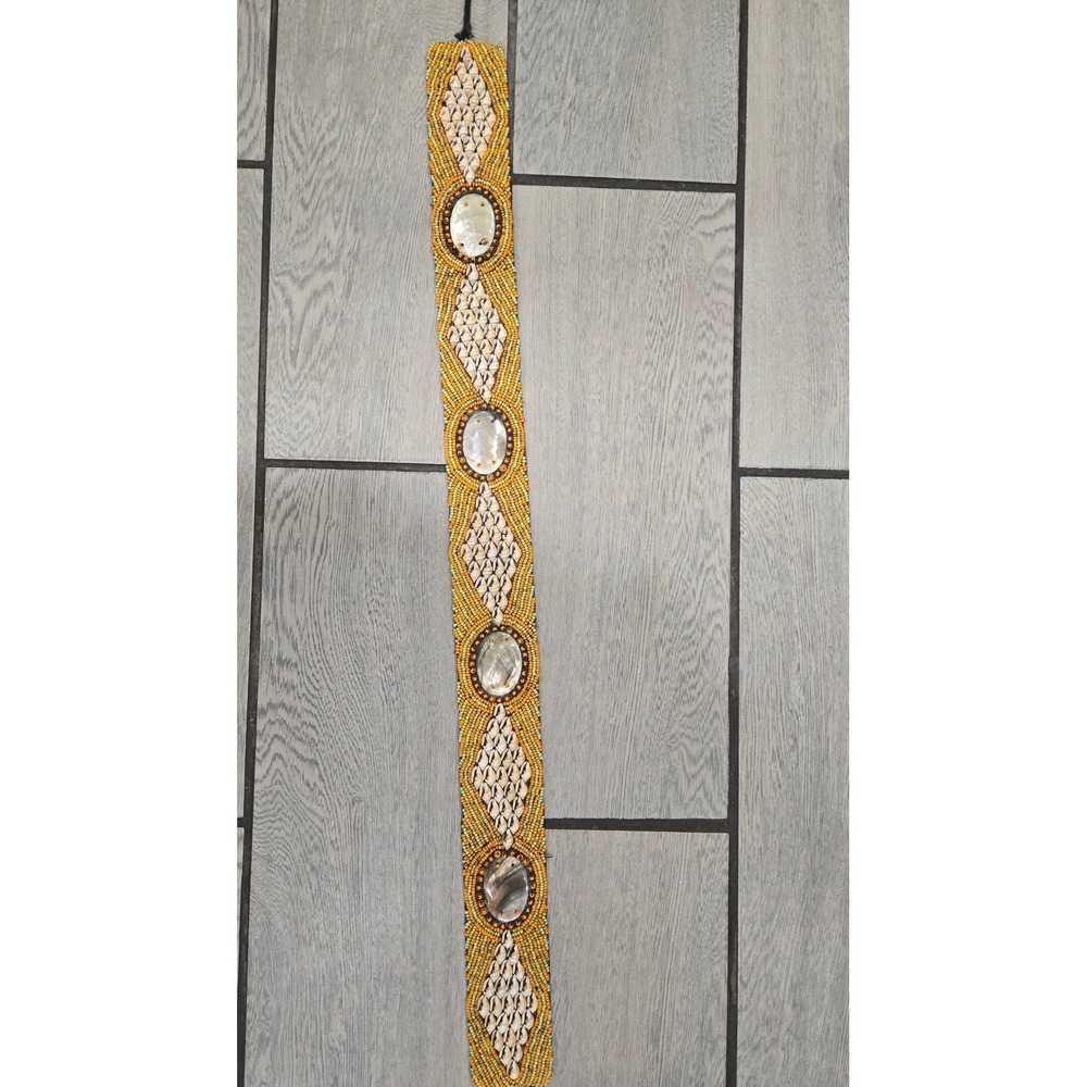 Boho Beaded Cowrie Shell Belt Mother of Pearl Abalone Yellow Orange Green 57in